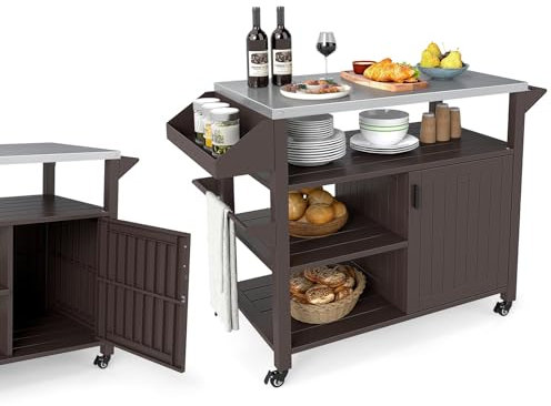KOMFOTTEU Carro de Barbacoa con 3 Estantes y 4 Ruedas, Carrito Auxiliar con Encimera de Acero Inoxidable, Carro para Parrilla con Especiero y Toallero, Carrito de Servicio para Camping, Picnic