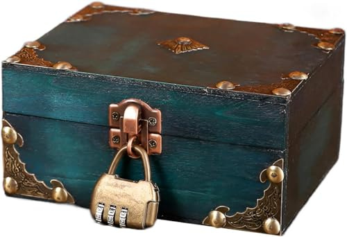 Yitobici Vintage Holz Schatztruhe, Schatztruhe mit Zahlenschloss, Vintage Holz Look Holztruhe Piratenkiste, Aufbewahrung Schatzkiste, für Aufbewahren und Dekorieren Geschenke, 15 x 7,5 x 12 cm, Grün