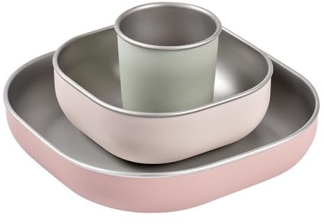 BÉABA, Coffret Repas Bébé Enfant Inox, 3 Pièces, Verre + 2 Assiettes, Compatible Micro-Ondes et Lave-Vaisselle, Sain et Solide, Léger, Incassable, Anti-dérapant avec Housse en Silicone, Barbapapa