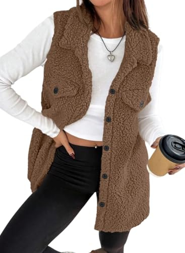 EVALESS Fall Outfits for Women 2025 Fleece Vest Winter Coat for Women Dressy Casual Fuzzy Fleece Jacket Sleeveless Stand Collar Button Down Faux Fur Vest Teachers Clothes Brown Tops，XX-Large
