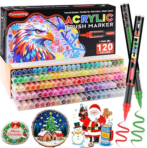 Funnasting Rotuladores Acrilicos, 120 Colores Acrylic Markers Con Punta de Pincel Suave, Marcadores Acrílicos Líquido Directo Para Colorear, Roca, Vidrio, Cerámica, Bricolaje, Nateriales Artísticos.