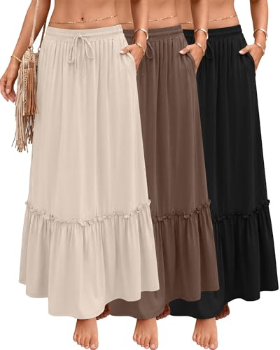 Ficerd 3 Pack Boho Maxi Flowy Skirts for Women | with Pockets, High Waist, Casual, Summer, Vacation, Travel, Beach, Daily Wear, Weekend, Everyday Outfits, Travel Wear