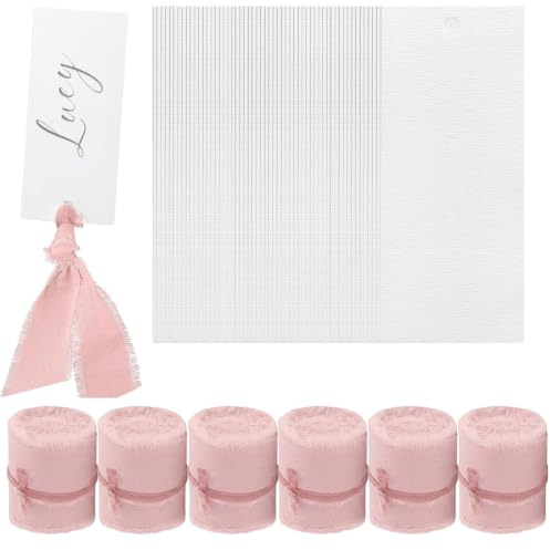 100 Pcs Name Place Cards with 6 Rolls Chiffon Ribbon for Wedding Dinner | Reserved Signs for Tables for Present Tags Guest Name Cards Table Setting Party Supplies Diy Decor