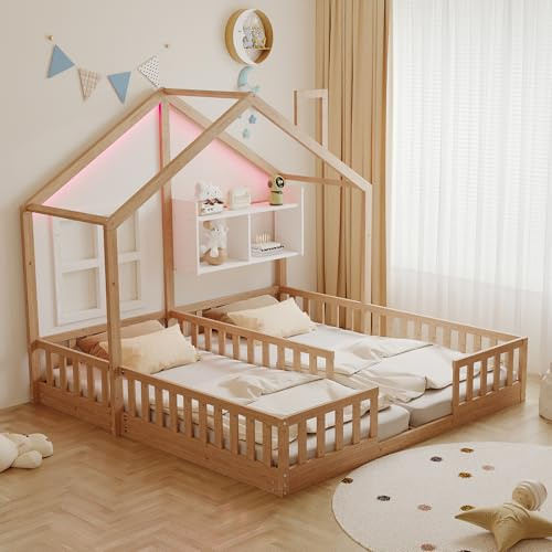 TOBIDOEN Lettino per bambini 90×200 cm Letto singolo autoportante con design a casetta, funzione atmosfera, ringhiere di sicurezza e superfici di appoggio, Legno + MDF, Completo di rete a doghe per