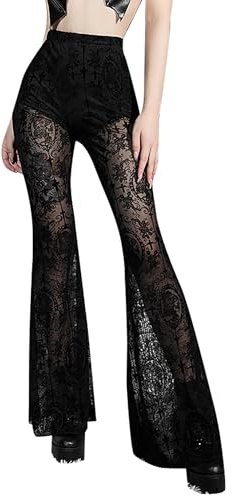 DINGJIUYAN Goth Y2k Pattern Flare Pants Woman Summer Vintage Harajuku Female Casual Mesh Sheer Pants