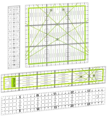 Xiciki 4 Pièces Règle Couture Transparente, Règle Patchwork avec Graduation cm et Angle 30°/45°/60°, 3x15 cm / 15x15 cm / 5x30 cm, Outil de Coupe Précise pour Quilting, Matelassage et DIY