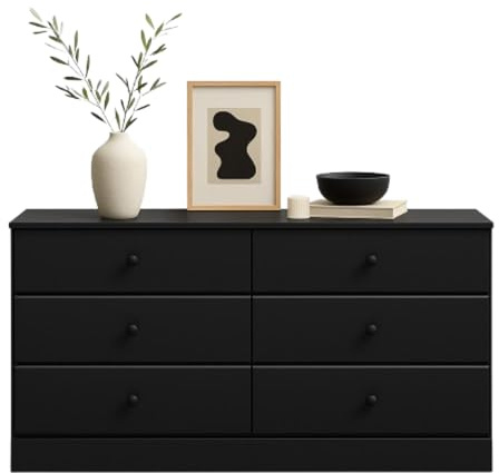 Prepac Astrid 6 Drawer Double Dresser for Bedroom, Wide Chest of Drawers, Bedroom Furniture, Clothes Storage and Organizer, 47.5W x 26.85H x 15.5D, Black
