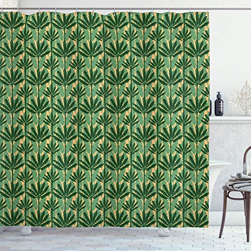 ABAKUHAUS Banana Leaf Shower Curtain, Overlapping Windmill Palm Trees and Leaves Pattern, Cloth Fabric Bathroom Decor Set with Hooks, 78 Inches, Pale Yellow Jade Green