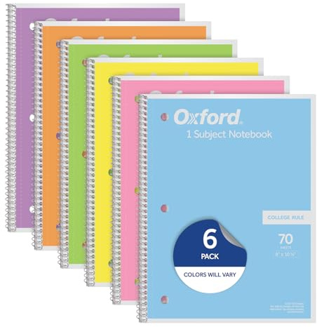 Oxford Spiral Notebook 6 Pack, 1 Subject, College Ruled Paper, 8 x 10-1/2 Inch, Pastel Pink, Orange, Yellow, Green, Blue and Purple, 70 Sheets (63756)