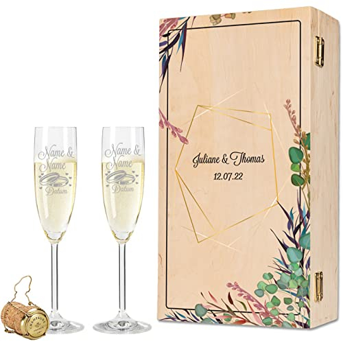 GRAVURZEILE Leonardo Sektgläser - Flower Polygon Design - graviert mit Namen & Datum - inkl. Vintage-Holzkiste - Geschenk zur Hochzeit, Verlobung & Jahrestag - ein perfektes Hochzeitsgeschenk