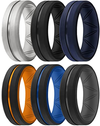 ThunderFit Silicone Wedding Rings for Men, Breathable Brushed Top Middle Engraved Line Rubber Engagement Bands 8.2mm Wide 2.5mm Thick - 1/4/6/7 Variety Multipack (Pack A - Size 11.5-12 (21.30mm))