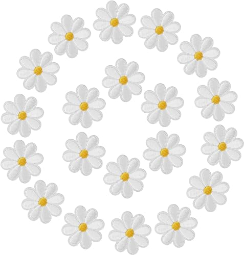 20 Stück Gänseblümchen Bestickte Aufnäher Zum Aufbügeln, Bestickte Aufnäher, Gänseblümchen Blume Patches, für DIY Dekoration, Kleidung, T-Shirt, Rucksack Hoodies Jeans(Weiß)