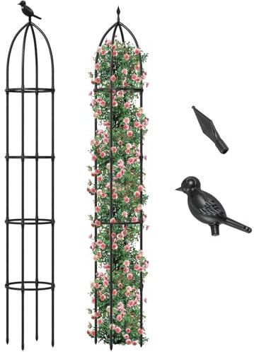 GiantexUK 2 Pack Metal Garden Obelisk, Height Adjustable Climbing Plants Trellis Frame Support with Decorative Heads & Gloves, Tubular Flower Plant Cage for Tomato Sweet Pea Roses Vegetables