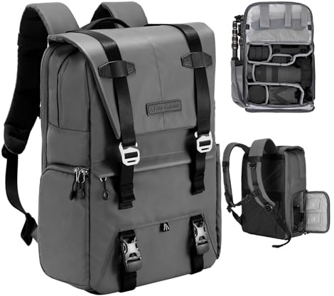 K&F CONCEPT Mochila Camara Multifuncional， Mochila Fotografía Profesional, Mochila Fotográfica para Reflex Impermeable, Bolsa Cámara Compartimento para Portátil de 15.6 Pulgadas(20L) Gris Claro