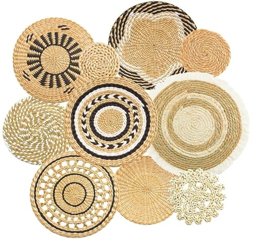 Paquete de 10 cestas de pared bohemias, decoración redonda hecha a mano, cesta de pared tejida de ratán para sala de estar, rústico, plano, elegante, granja, dormitorios, mesa, cocina y hogar