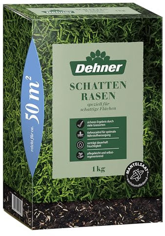 Dehner Graines de gazon ombragé, graines de gazon de qualité supérieure à germination rapide/auto-régénération, idéales pour les surfaces ombragées et semi-ombragées, emballage certifié FSC, 1,25 kg