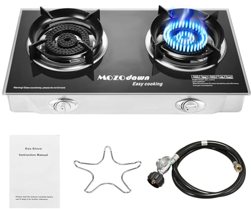 MOZODAWN 2 Burner Propane Stove Outdoor Portable Gas Stove, 30000 BTU Propane Burner with Cast Iron Honeycomb Stove Head, Thickened furnace rack, LPG Adapter Hose, LPG Gas Stove for Camping