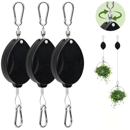 Bamworld 3 Pezzi Appendi Piante Retrattile Aggiornato, Sistema a Carrucola Auto-Bloccante per Appendere Vasi, Mangiatoie per Uccelli e Cestini da Giardino, Fino a 15kg