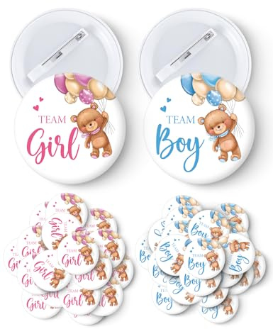 Cgvovgr 40 pines de botón de revelación de género, lindos pines de botón de equipo de oso para niño o niña, para fiesta de baby shower, ropa de bebé, suministros de juegos de fiesta de revelación de