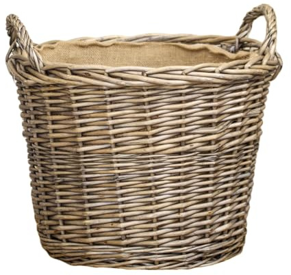 Willow Lined Log Basket Large 43x40x43cm Antique Wash Round Home Wood Fireplace Storage