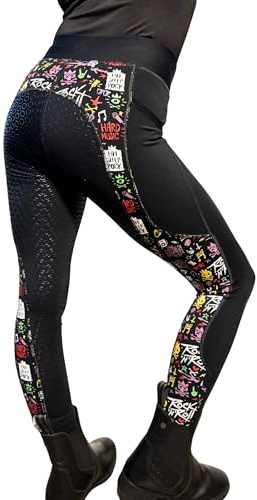 Aiya Kids Rock N Roll Horse Riding Tights – Full Seat Silicone Grip Leggings with 5 cm Covered Waistband, Phone Pocket & Fun Skull Print – 4‑Way Stretch & Breathable (Black, 28 Inch Waist)