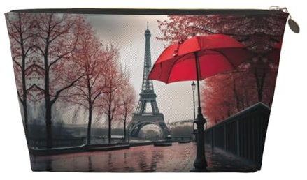 Beauty case da viaggio in pelle dorata - Torre Eiffel riutilizzabile con stampa ombrello rosso borsa organizer per cosmetici - borsa morbida portatile, Oro, taglia unica