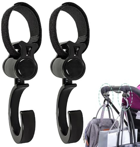 Clips – Ganchos para cochecito de 2 cm, clips antideslizantes para cochecito, 2 ganchos para cochecitos giratorios de 360 grados | Clips universales adecuados para cochecito para colgar bolsas y