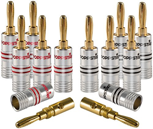 Poppstar 12x High End Bananenstecker, (bis 4 mm² verschraubt, verlötet 6 mm², 24k vergoldet, Aluminium-Gehäuse, 6x schwarz, 6x rot)