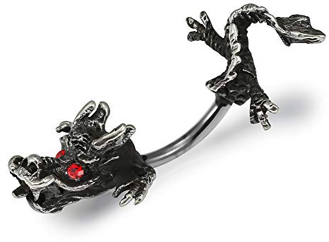 AZARIO London Full Body Tribal Dragon Sterling Silver with G23 Titanium Banana Double Side Belly Bar Piercing