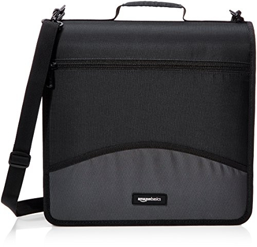 Amazon Basics Durable 3 Ring Binder with Zipper and Strap, Multiple Pockets, Sturdy Storage for School and Office, 3 inch, Black