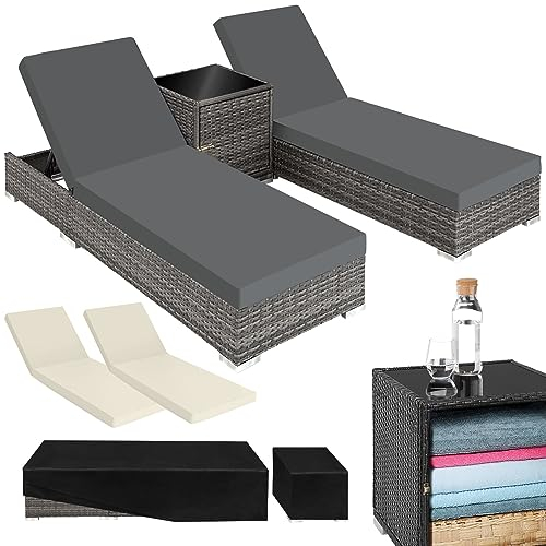 TecTake® Set 2 x Lettino Alluminio, Poly Rattan, Lettini Prendisole, Lettini da Giardino, Tavolo Giardino, Sdraio Prendisole, Sedia, Involucro Protettivo, 2 Federe - Grigio