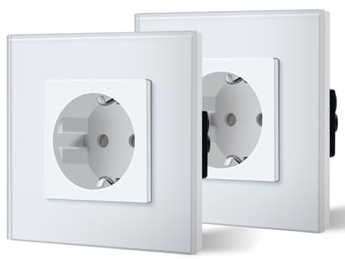 BSEED Schuko Steckdose 2er Pack, 16Amp AC Power Kristallglas Platte, 1 Fach Unterputzdose Steckdose, 86mm Single Schutzkontaktbuchse Wandsteckdose Wandsteckdose Weiß