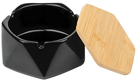 Ceramic Ashtray with Lid for Cigarette,Windproof Ash Tray For Outdoor,Home,Office, Bar,Cafe,Hotel Decoration (Black)