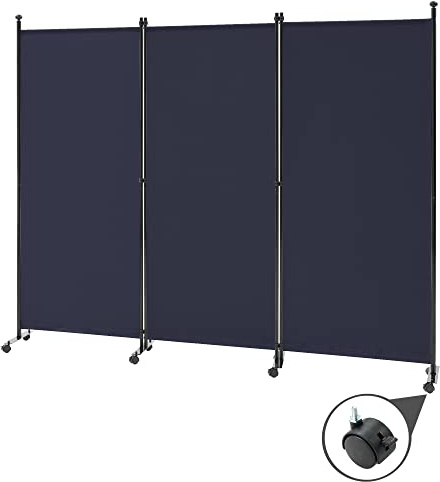 Spurgehom 3 Panel Rolling Room Divider, Folding Partition Privacy Screens, Freestanding Fabric Room Panel, Portable Folding Wall Divider for Office, Room, Restaurant, Hospital (Blue)