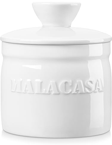 MALACASA Smörrätter med lock, porslin smörhållare gryta för bänk med vattenlinje, smörbehållare för färskt spridbart smör, serie REG, elfenbensvit
