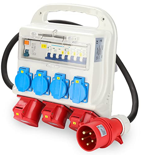 Gimisgu FI-Schutzschalter 2 x CEE 400V/16A+4 x 230V Schuko IP44 5 polig Stromverteiler Baustromverteiler Wandverteiler Verteiler Mit Leitung Sicherheitsklappdeckeln Für Baustelle