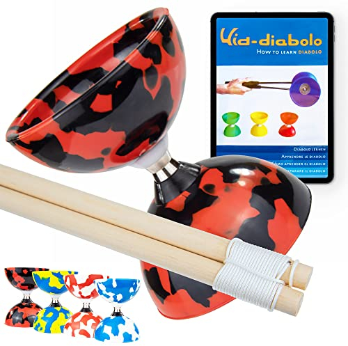 Juggle Dream Jester Diabolo Jonglierset – Kugellager Achse Profi-Diabolo mit Handstäbe Holz und Online-Lernvideo – Jonglierspielzeug (Schwarz/Rot)