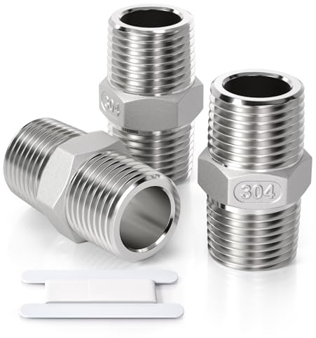 Bwintech 3 Pcs 1 Male to 1 Male BSP Thread Stainless Steel 304 Hex Nipple Fitting for Pipe Connecting Conversion