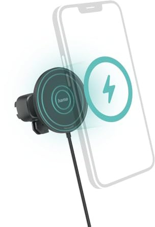 Hama Auto Ladegerät, Kfz Handy Ladegerät 15 Watt kabellos für iPhone (Magnetisch Laden, Ladeadapter für Lüftungsgitter, Wireless Charging, Apple MagSafe-kompatibel, Hochformat und Querformat) schwarz