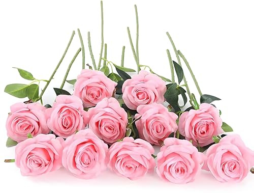 Laelfe 12 Pcs Rose Finte per Decorazioni, Bouquet Fiori Finti di Rosa con Steli Lunghi, Rose Artificiale per Composizioni di Nozze Casa Giardino Partito Decorazioni Floreali (Rosa)