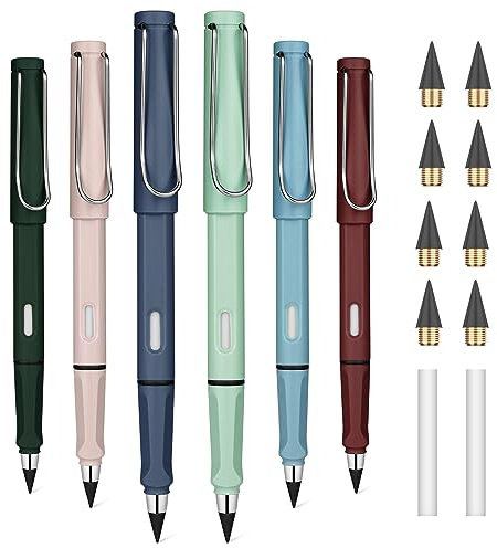 OFFCUP Everlasting Pencil, 6 st evighetspennor med suddgummi och ersättningsspetsar, återanvändbar bläckfri penna för att skriva, rita, studenter hem kontor skolmaterial (retrofärg)