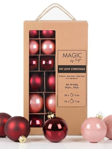 Inge Glas Weihnachtskugeln | Große Kugelbox mit 54 Kugeln | 5cm & 7cm große Christbaumkugeln (Vintage Rose | weinrot rosa)