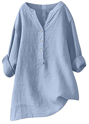 Camicia Donna Oversize Cotone e Lino Elegante Manica Lunga Blusa Causal Chic Estiva Taglie Forti Camicia Tinta Unita Scollo a V per la Primavera e L'Estate Leggera Confortevole e Traspirante