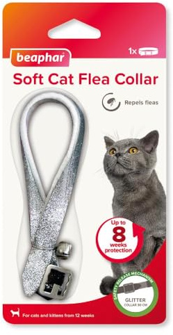 Beaphar – Soft Flea Collar for Cats – Repels Fleas For up to 8 Weeks – Adjustable Fit With Safety Mechanism – For Cats From 12 Weeks of Age – 1 x Glitter Collar – Colour may vary