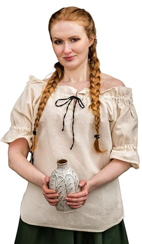 Leonardo Carbone® Damblus Amelia | axelfri | Med dragsko | karneval, halloween, cosplay, LARP, medeltid, tunika, skjorta, kostym, festival | 100 % bomull, natur, XL
