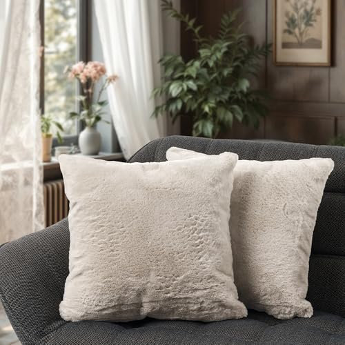 Paco Home 2er Set Kissenbezug Dekokissen Sofakissen Bezug Couchkissen Kunstfell Schlafzimmer Shaggy Flauschig Waschbar, Farbe:Beige, Sets:2pcs-Set