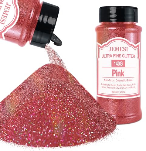 JEMESI Rosa glitterpulver, 140 g – 0,2 mm ultratunt glitterpulver glitter för epoxiharts, gör-det-själv-pyssel, tumbler målning ljus tillverkning; kosmetiskt glitter, nagelpulver, body glitter hår