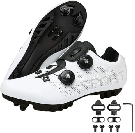 Surwin Scarpe Ciclismo MTB Uomo Donna, Scarpe Mountain Bike Unisex Traspirante Antiscivolo con 2 Bulloni e Tacchetti, Sneakers con Design Fibbia Girevole, 36EU-47EU (Bianco A,39)