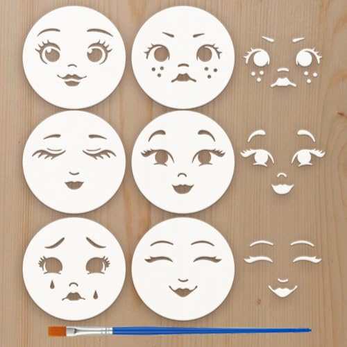 FINGERINSPIRE 6Styles - Plantilla para expresiones faciales con pincel, 10 x 10 cm, plantilla para pintura de características faciales Stencils con dibujo de dibujos animados PET para madera, paredes