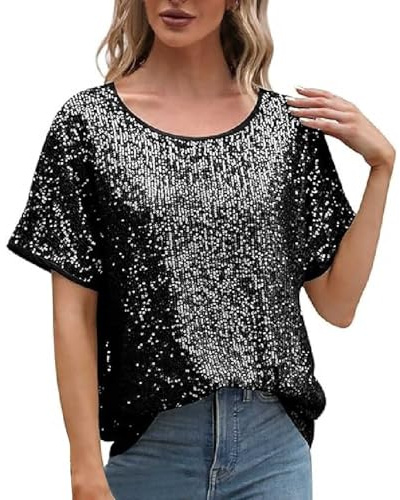 Haut à paillettes pour femme - Blouses à paillettes - Manches courtes - Vacances - Soirée en club - Haut festif - Mode de fête, Noir , XXL